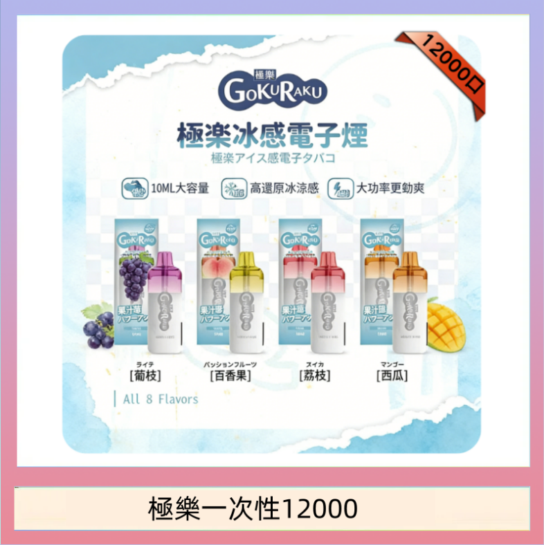 極樂一次性12000 【8種口味】極楽 12000口一次性電子煙|超大容量 |口感絲滑|新品